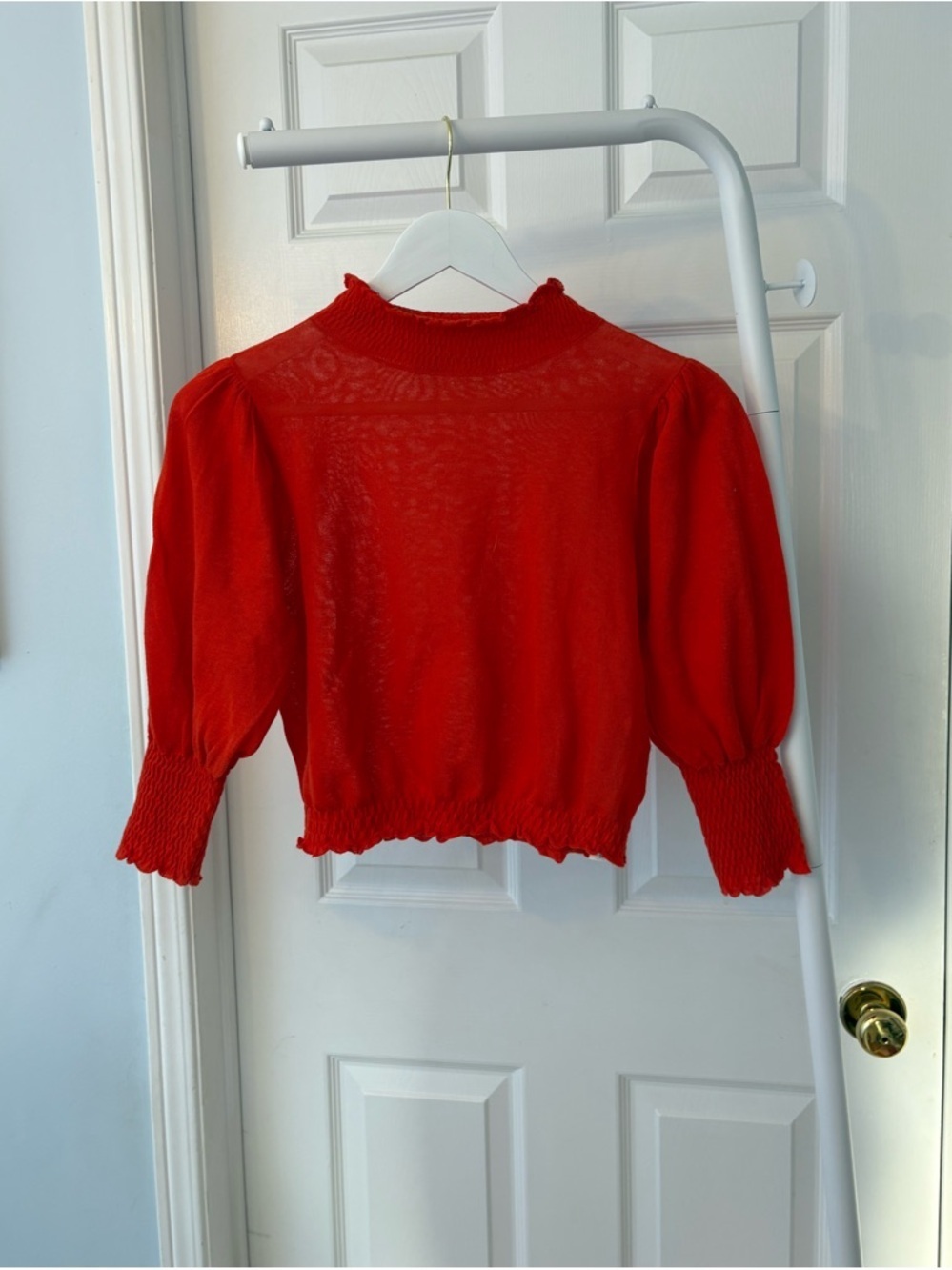 Zara Red Puff Sleeve Mockneck 3 Quarter Inch Sleeves Cropped Top Size Small - Picture 2 of 7